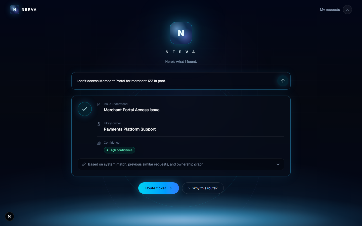 NERVA resolves a vague request with owner, capability, and evidence